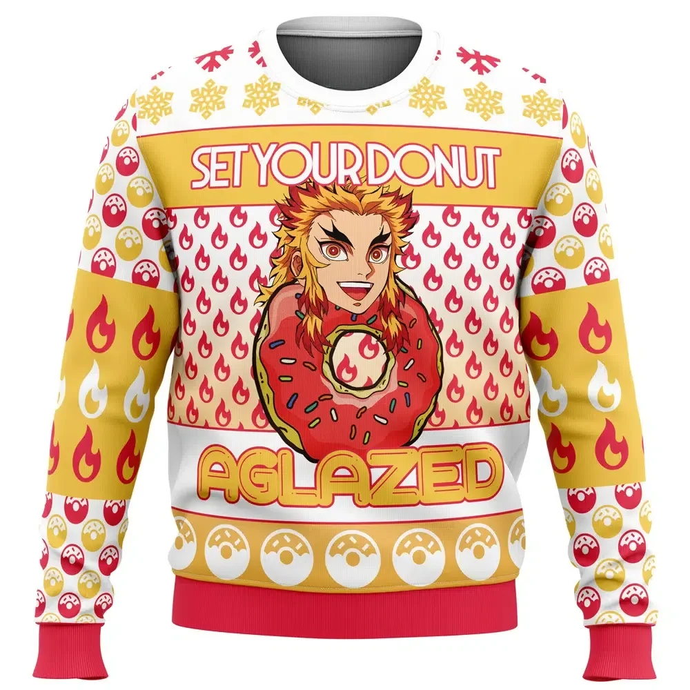 Set Your Donut Aglazed Rengoku Ugly Christmas Sweater, Demon Slayer Holiday Sweater, Flame Hashira Pun Anime Xmas Gift for Fans