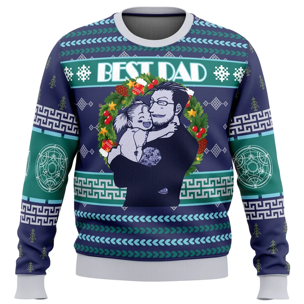 Maes Hughes Best Dad Fullmetal Alchemist Ugly Christmas Sweater, FMA Anime Holiday Sweater for Dad, Unisex All Over Print Xmas Sweater