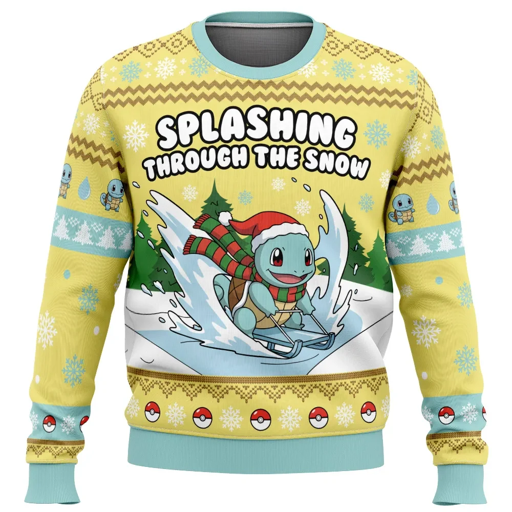 Splashing Through the Snow Squirtle Pokemon Ugly Christmas Sweater, Sledding Squirtle Pokemon Holiday Sweater, Anime Xmas Gift for Fans