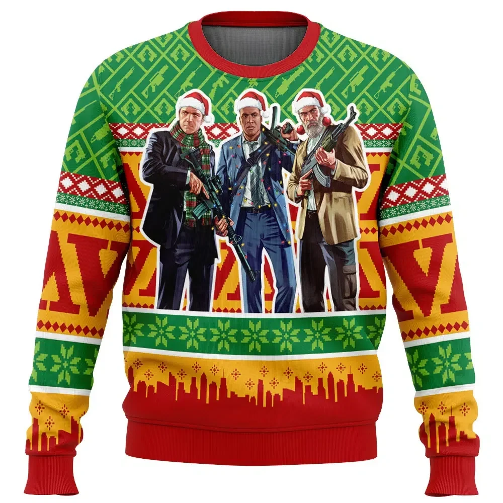 Grand Theft Auto V Ugly Christmas Sweater, GTA 5 Michael Franklin Trevor Santa Hat Holiday Sweater, Unisex Crewneck Sweatshirt, Gamer Xmas Gift