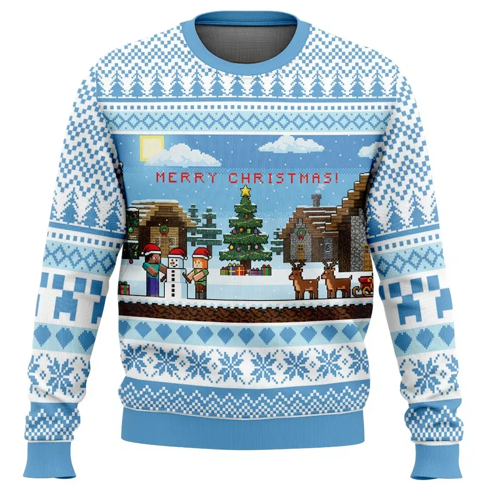 Minecraft Merry Christmas Ugly Christmas Sweater, Minecraft Gamer Holiday Sweater, Gamer Xmas Gift, Unisex Pixel Winter Village Sweatshirt