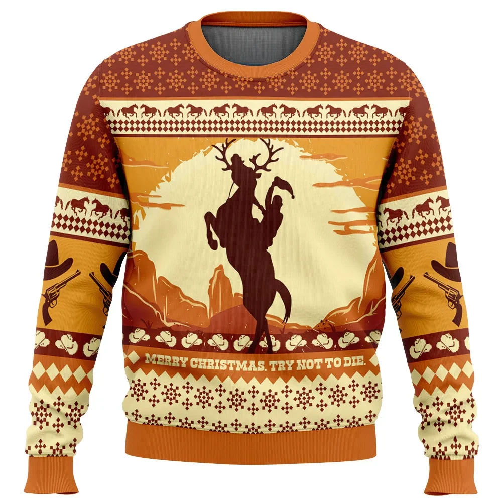 Red Dead Redemption 2 Merry Christmas Try Not To Die Ugly Christmas Sweater, Western Gamer Holiday Sweater, Unisex All Over Print Xmas Sweater