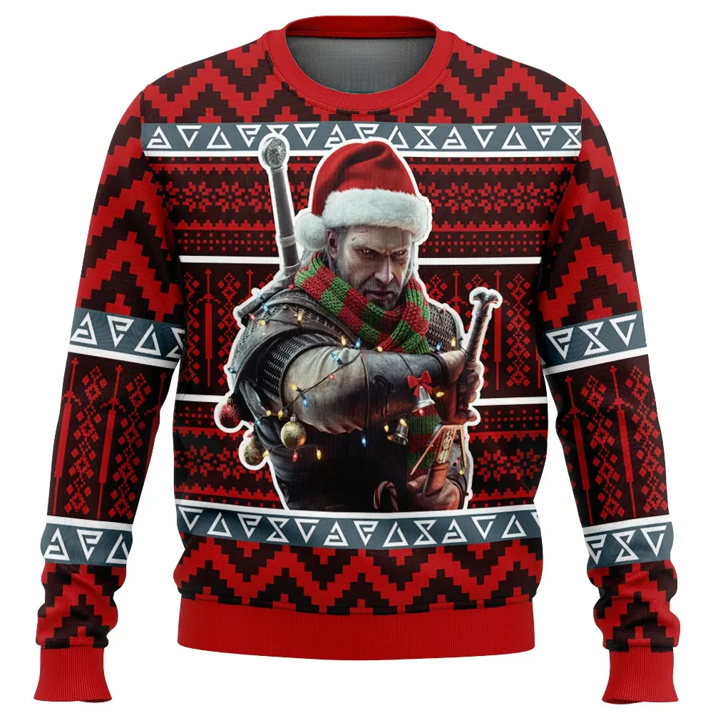 The Witcher Geralt Ugly Christmas Sweater, Witcher Gamer Holiday Sweater, Gamer Xmas Gift, Unisex Geralt of Rivia Wolf Medallion Sweatshirt