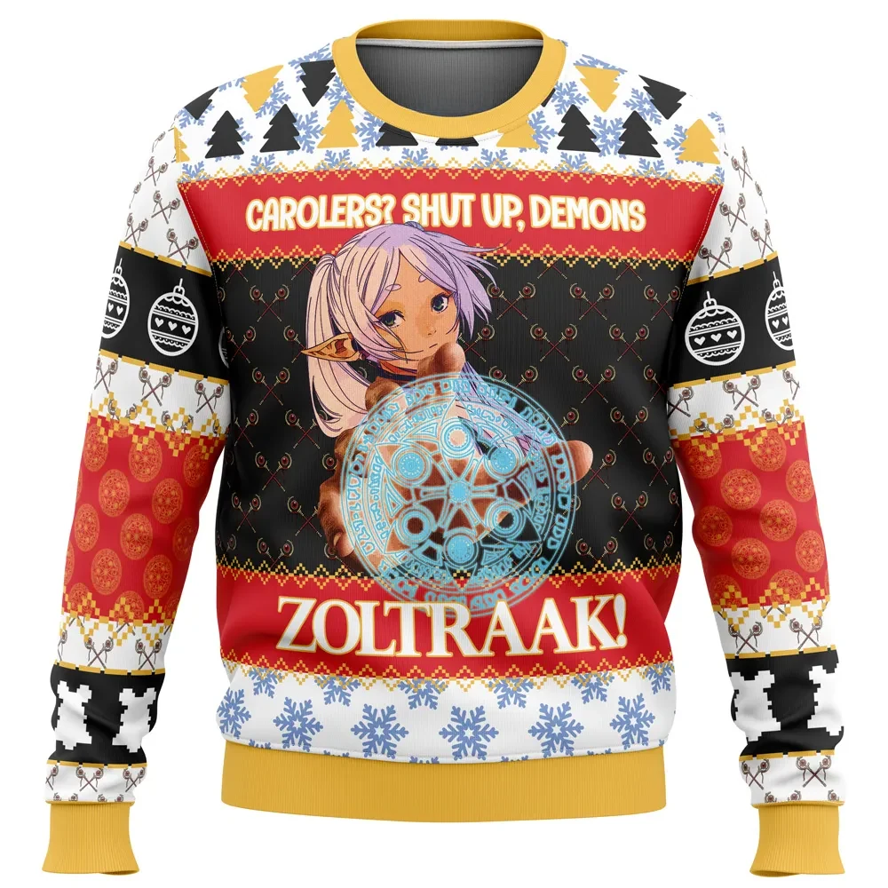 Christmas Frieren Zoltraak Ugly Christmas Sweater, Carolers Shut Up Demons, Frieren Anime Holiday Sweater, Anime Xmas Sweater