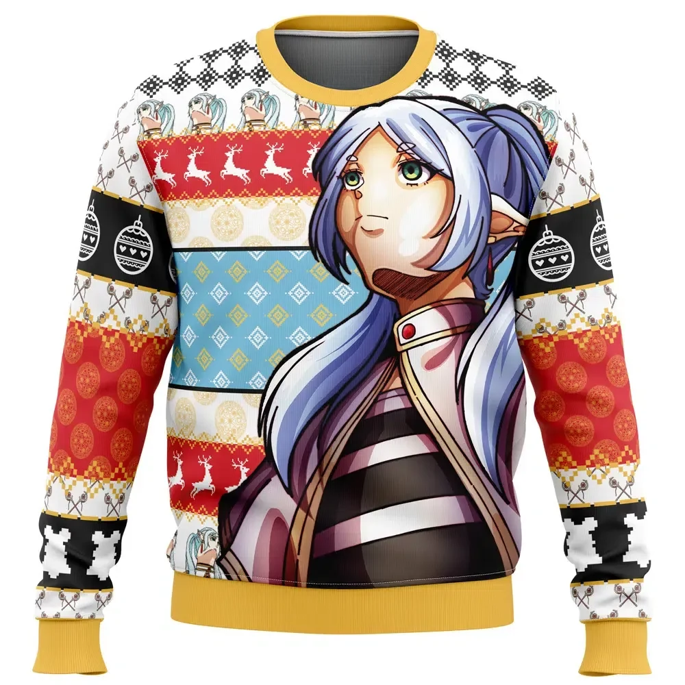 Looking Up Frieren Meme Ugly Christmas Sweater, Frieren Beyond Journey's End Holiday Sweater, Anime Xmas Gift, Unisex All Over Print Pullover