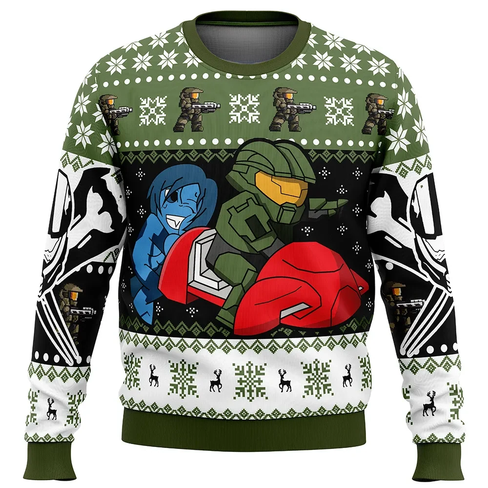 Master Chief and Cortana Halo Ugly Christmas Sweater, Gamer Holiday Sweater, Video Game All Over Print Xmas Sweater
