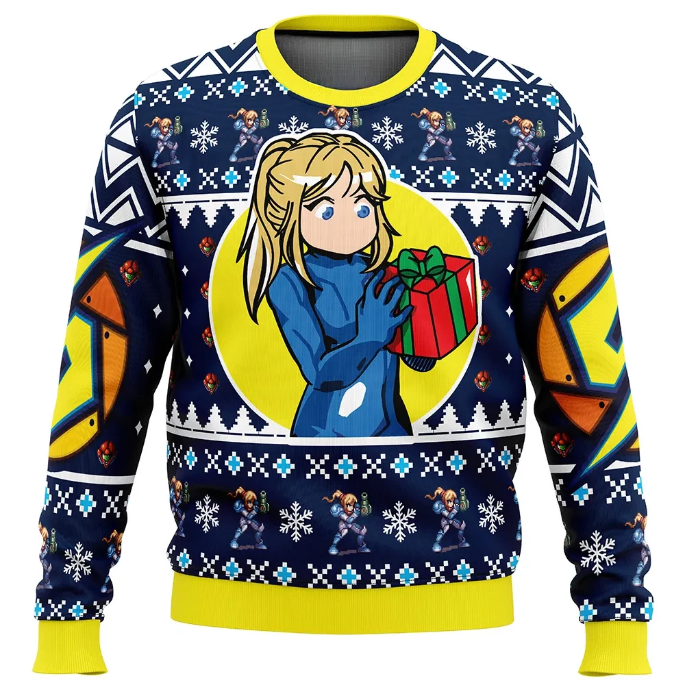Samus Aran Metroid Ugly Christmas Sweater, Zero Suit Samus Nintendo Gamer Holiday Sweater, Unisex Xmas Sweatshirt Gift for Metroid Fans