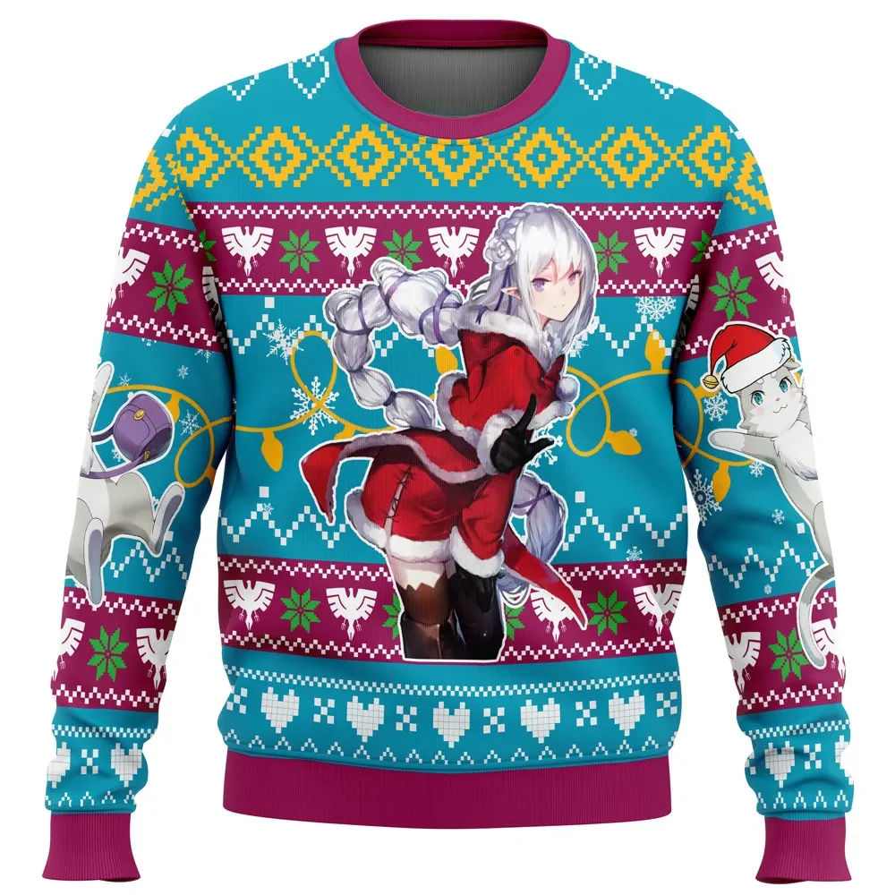 Emilia Re Zero Ugly Christmas Sweater, Santa Emilia and Puck Re:Zero Anime Holiday Sweater, Unisex Xmas Sweatshirt, Waifu Gift for Anime Fans