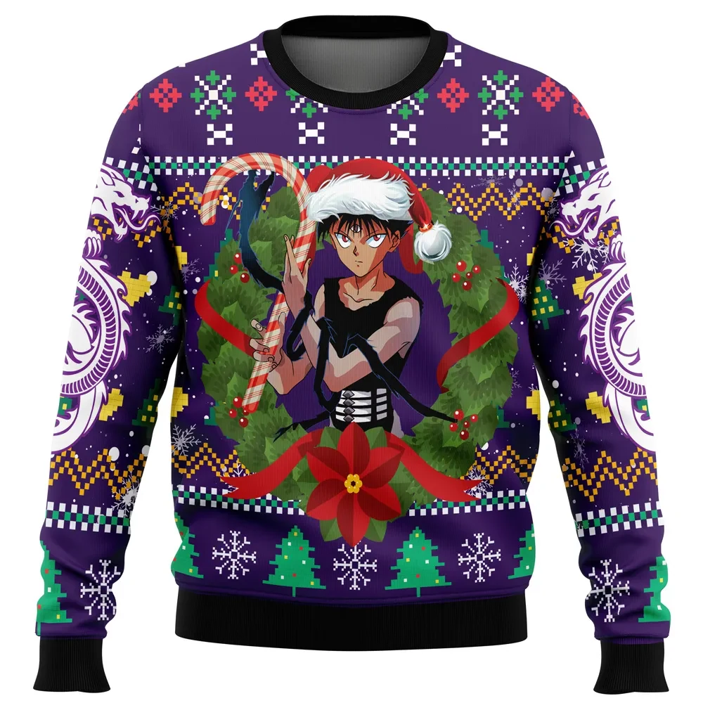 Hiei Yu Yu Hakusho Ugly Christmas Sweater, Ghost Fighter Anime Holiday Sweater with Candy Cane Wreath, Unisex Xmas Sweatshirt Gift for Anime Fans