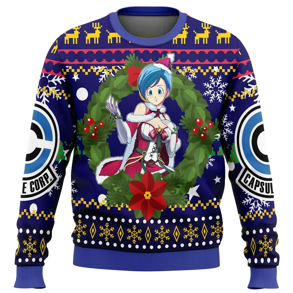 Bulma Dragon Ball Z Ugly Christmas Sweater, Capsule Corp Holiday Sweater, Santa Bulma Wreath Unisex Anime Xmas Gift for DBZ Fans