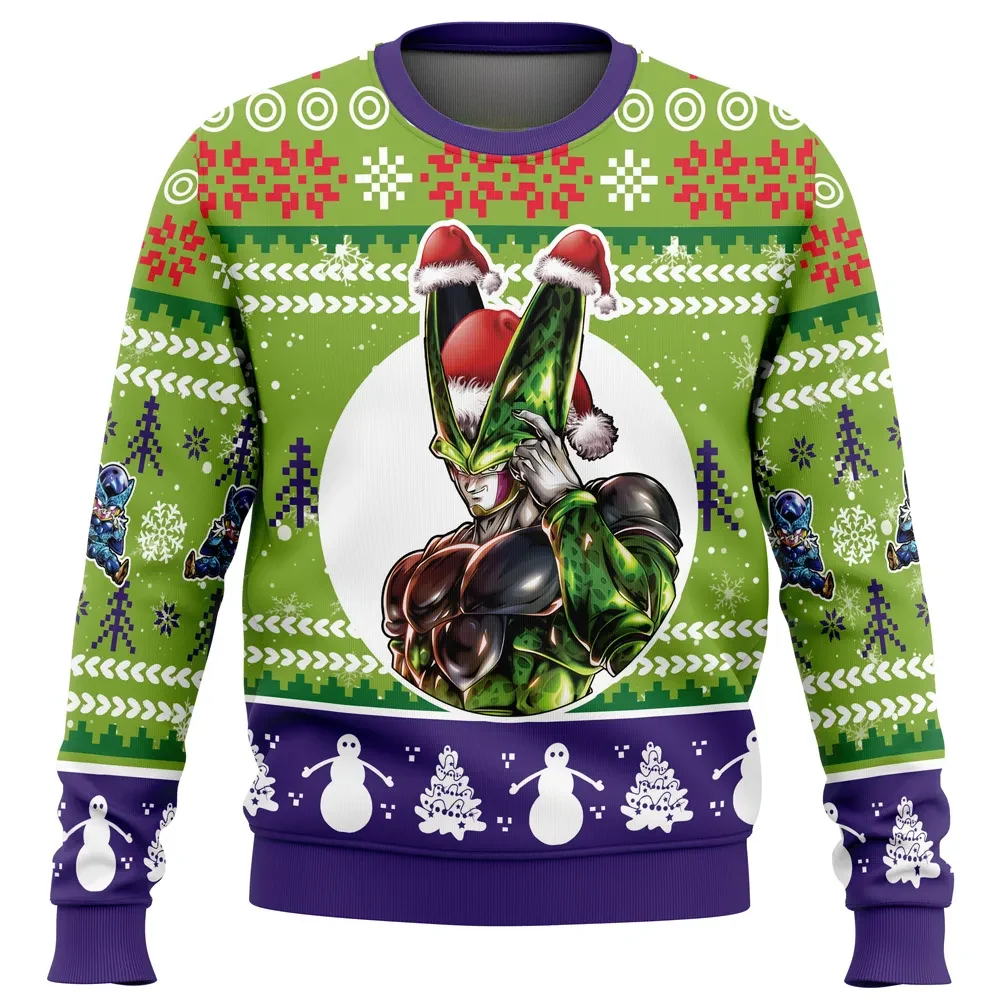 Perfect Cell Dragon Ball Z Ugly Christmas Sweater, DBZ Santa Hat Villain Anime Holiday Sweatshirt, Unisex All Over Print Xmas Gift