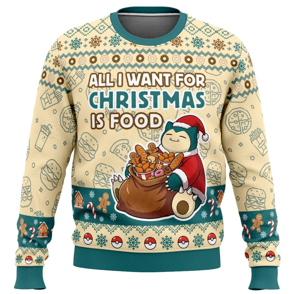 Snorlax All I Want For Christmas Is Food Pokemon Ugly Christmas Sweater, Santa Hat Snorlax Holiday Sweatshirt, Unisex Xmas Gift for Foodies