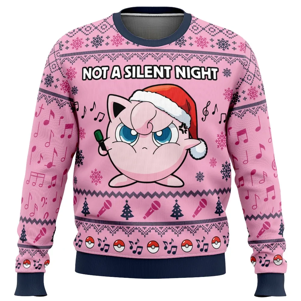 Jigglypuff Not A Silent Night Pokemon Ugly Christmas Sweater, Singing Pokemon Holiday Sweater, Unisex All Over Print Anime Xmas Gift for Fans