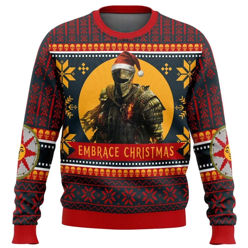 Christmas Dark Souls Embrace Christmas Ugly Sweater, Armored Knight Gamer Holiday Sweater, Unisex Xmas Sweatshirt Gift for Dark Souls Fans