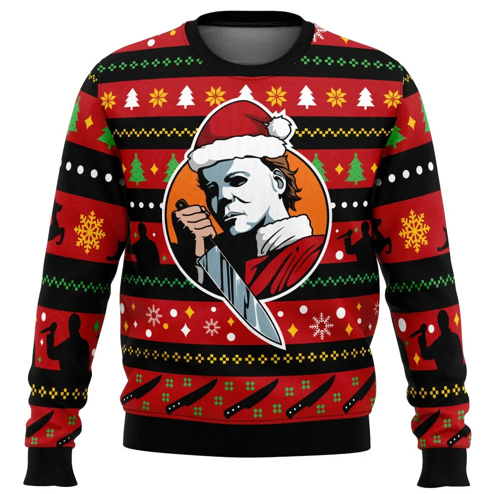 Michael Myers Halloween Ugly Christmas Sweater, Horror Movie Holiday Sweater, Horror Xmas Gift, Unisex Slasher Santa Hat Sweatshirt for Fans