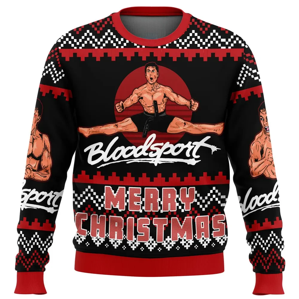 Christmas Bloodsport Ugly Christmas Sweater, Van Damme Frank Dux Split Kick Movie Holiday Sweater, Retro 80s Martial Arts Xmas Gift for Fans