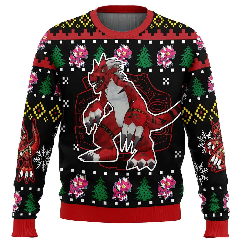 Growlmon Digimon Ugly Christmas Sweater, Digimon Tamers Anime Holiday Sweater, Red Dinosaur Xmas Gift for Digital Monster Fans