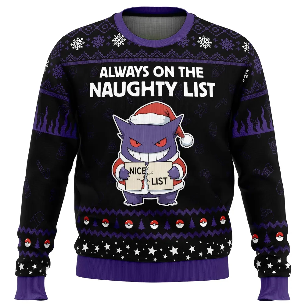 Gengar Always on the Naughty List Pokemon Ugly Christmas Sweater, Pokemon Holiday Sweater, Funny Ghost Type Anime Xmas Gift for Fans