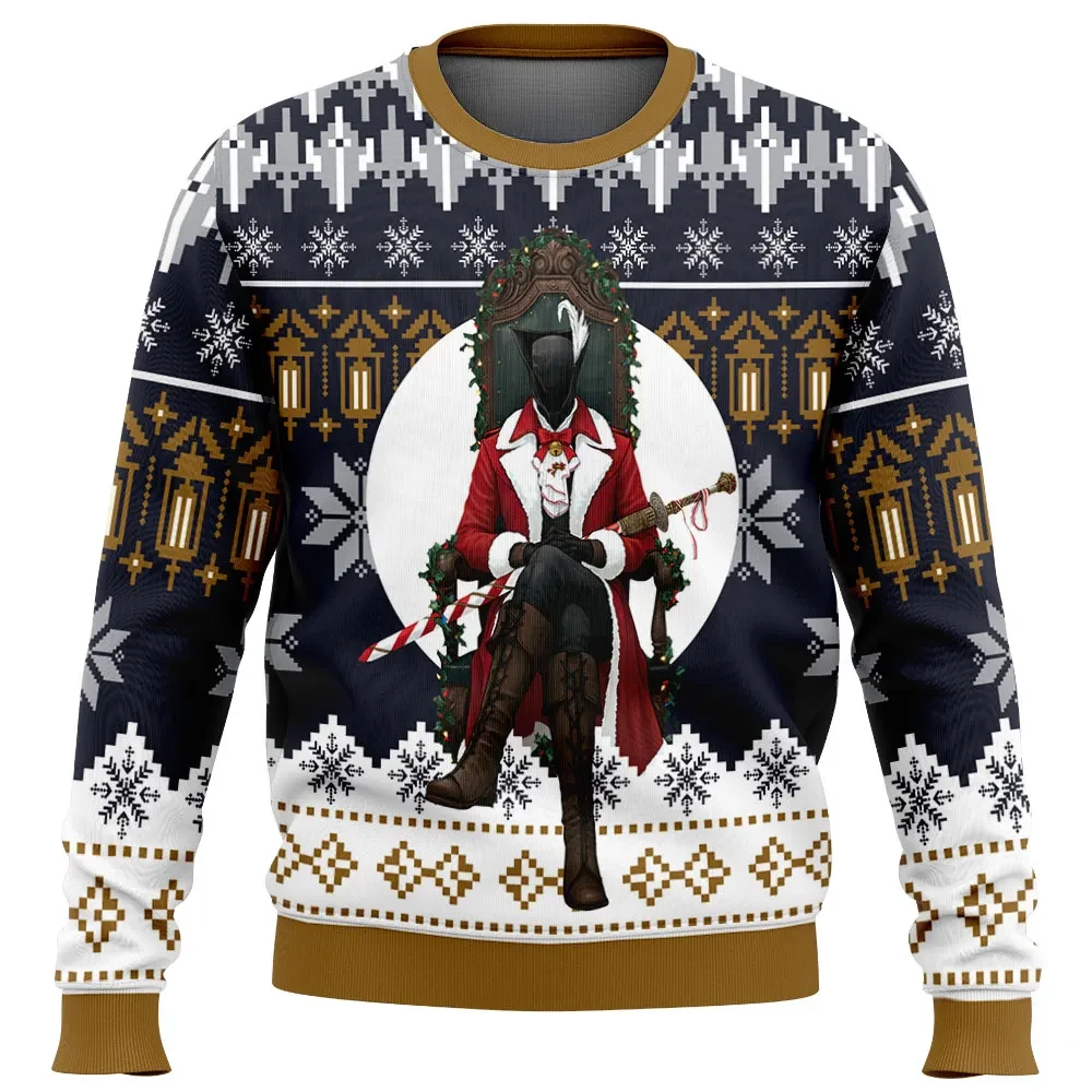Christmas Bloodborne Ugly Christmas Sweater, Santa Hunter on Throne Gamer Holiday Sweater, Soulslike Video Game Xmas Gift for Yharnam Fans