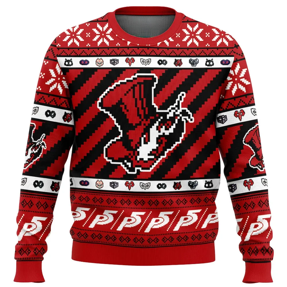 Christmas Persona 5 Ugly Christmas Sweater, Phantom Thieves Calling Card Top Hat Holiday Sweater, Unisex Xmas Sweatshirt, Gamer Gift for RPG Fans