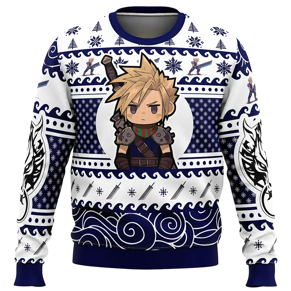 Chibi Cloud Strife Ugly Christmas Sweater, Final Fantasy VII Holiday Sweater, Navy and White RPG Unisex Sweatshirt, Gamer Xmas Gift for Fans
