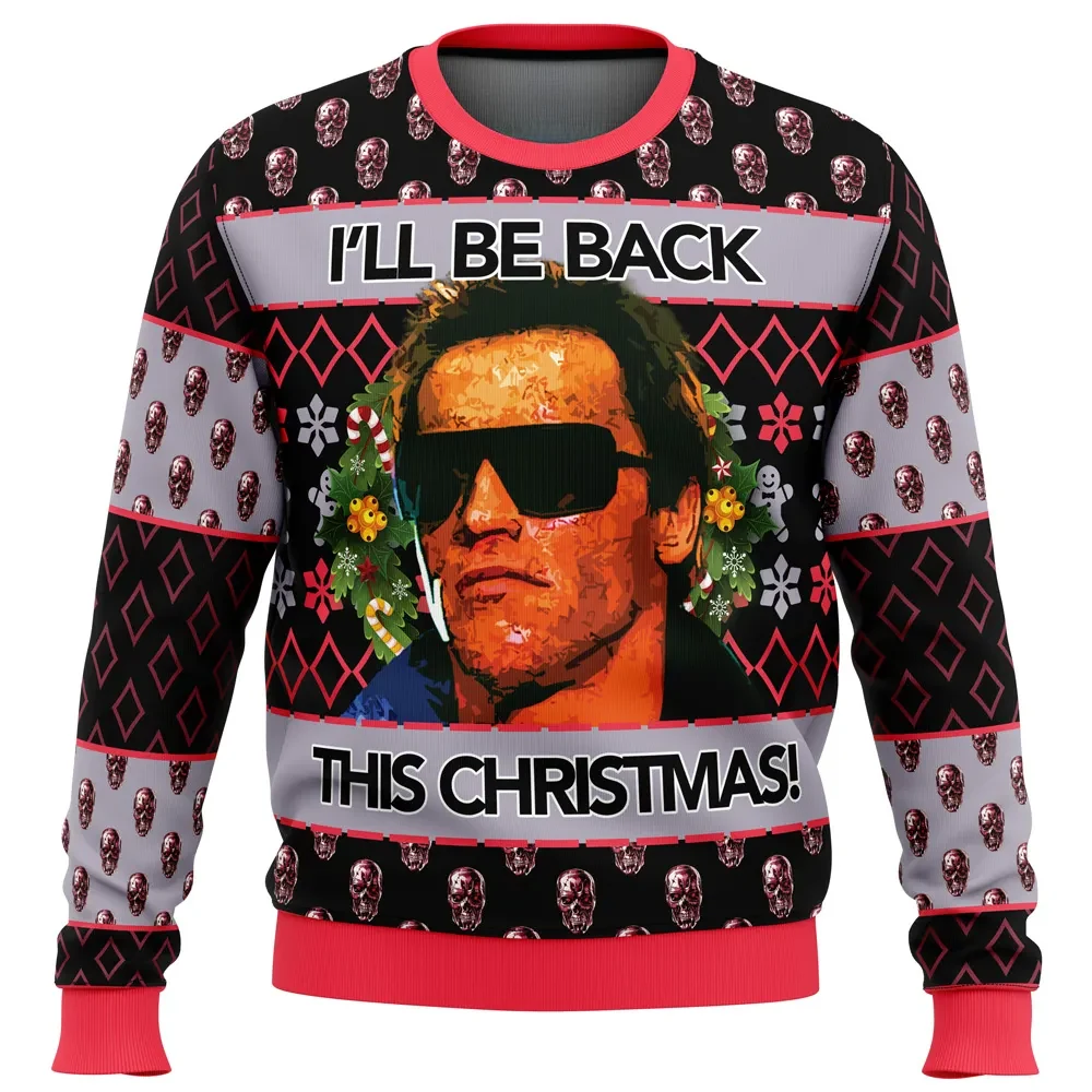 T-800 I'll Be Back This Christmas Terminator Ugly Christmas Sweater, Christmas Movie Holiday Sweater, Unisex All Over Print Xmas Sweater