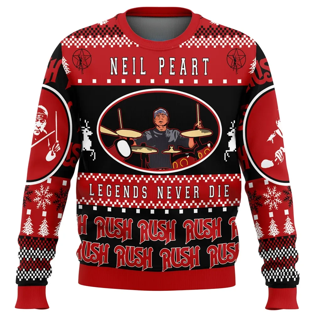 Rush Drummer Neil Peart Ugly Christmas Sweater, Legends Never Die Rock Holiday Sweater, Music Xmas Gift, Unisex Classic Rock Band Sweatshirt