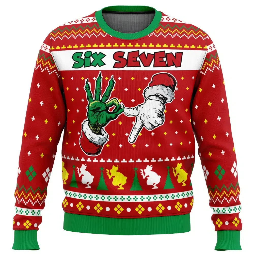 Six Seven Grinch Ugly Christmas Sweater, Funny 6 7 Meme Holiday Sweatshirt, Grinch and Santa Hand Gesture Unisex Christmas Gift