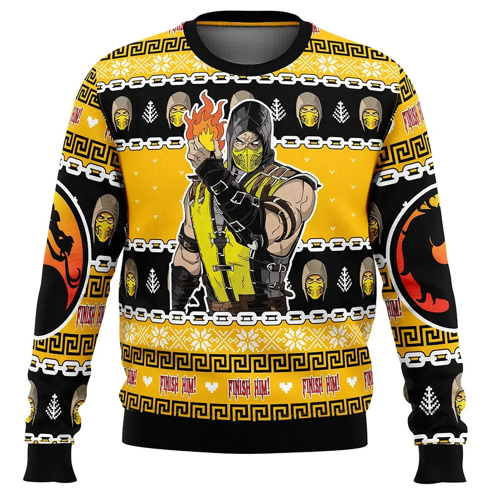 Scorpion Mortal Kombat Ugly Christmas Sweater, Finish Him Gamer Holiday Sweater, Mortal Kombat Xmas Gift, Unisex Fighting Game Sweatshirt