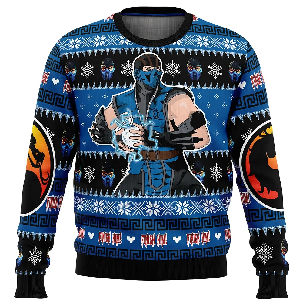 Sub Zero Mortal Kombat Ugly Christmas Sweater, Finish Him Gamer Holiday Sweater, Ice Blue Dragon Logo Sweatshirt, Video Game Xmas Gift