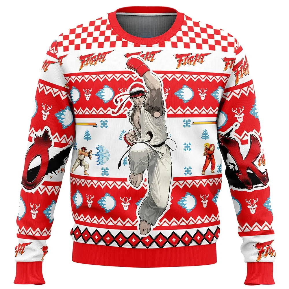 Christmas Ryu Street Fighter Ugly Christmas Sweater, Shoryuken Gamer Holiday Sweater, Red Checkered Fighting Game Pullover, Xmas Gift for Gamers