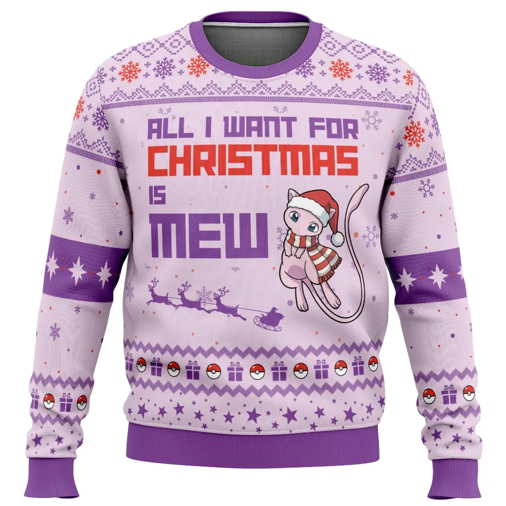 All I Want for Christmas Is Mew Pokemon Ugly Christmas Sweater, Pokemon Holiday Sweater, Unisex Pastel Lilac Anime Xmas Gift for Trainers