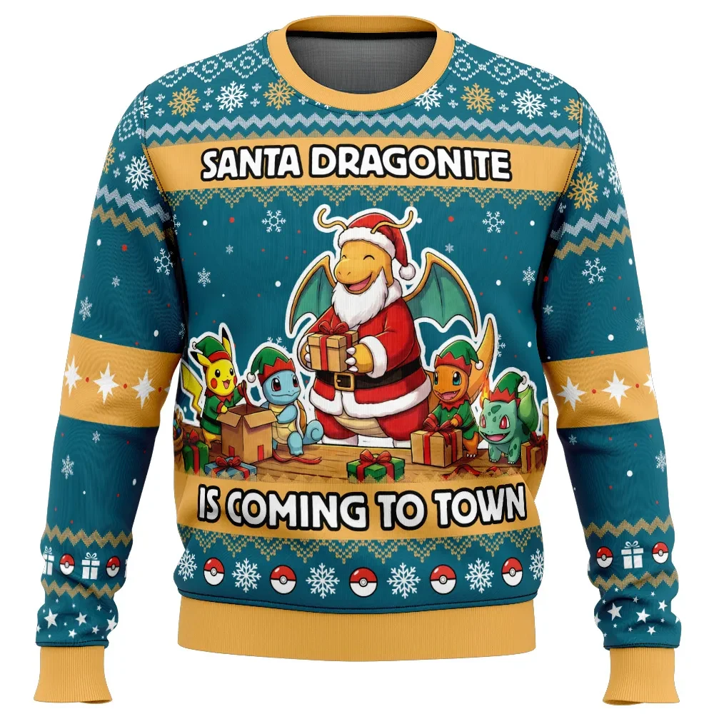 Santa Dragonite Pokemon Ugly Christmas Sweater, Dragonite Is Coming to Town Holiday Sweater, Pokemon Anime Xmas Sweater