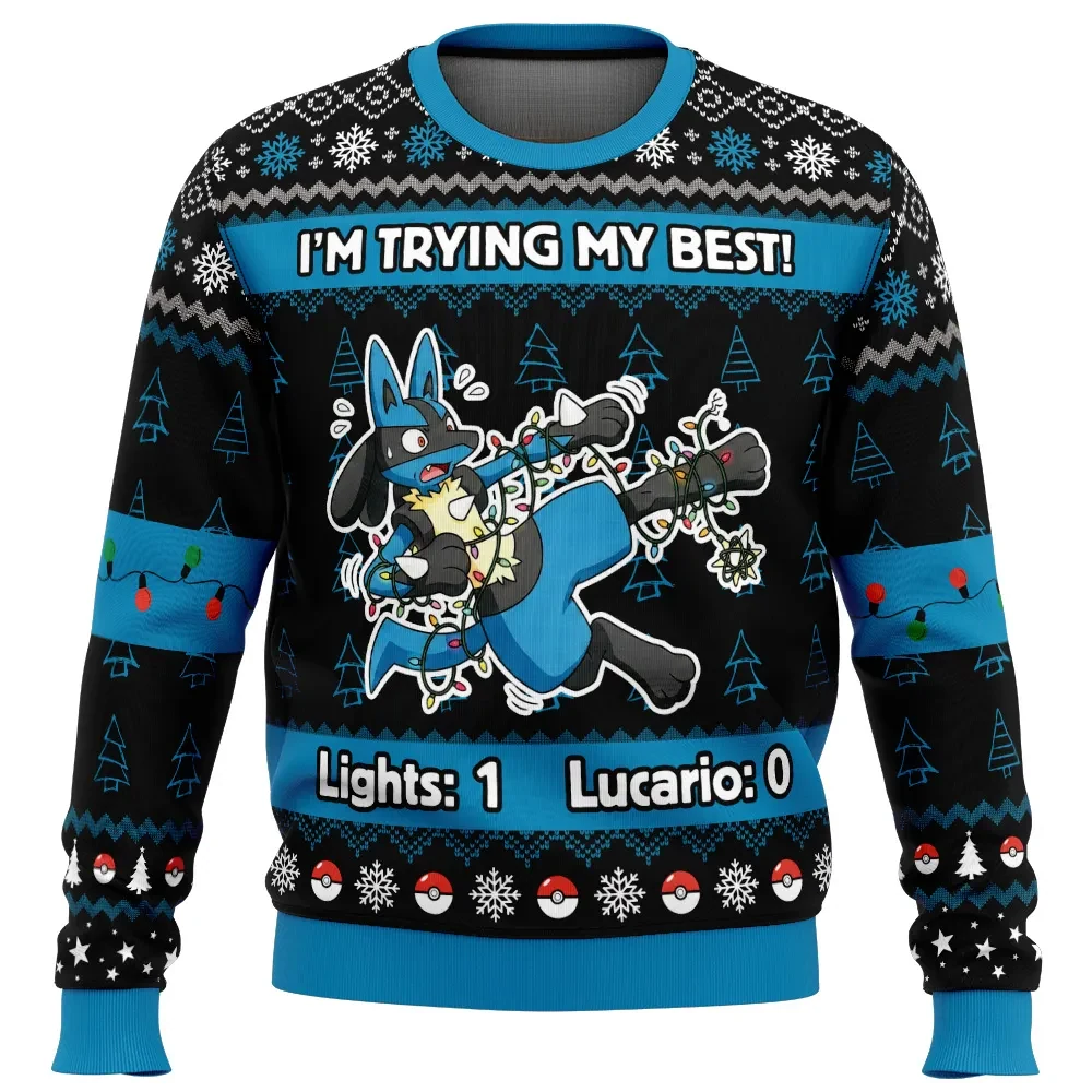 Lucario Trying My Best Pokemon Ugly Christmas Sweater, I'm Trying My Best Lights 1 Lucario 0, Pokemon Holiday Xmas Sweater