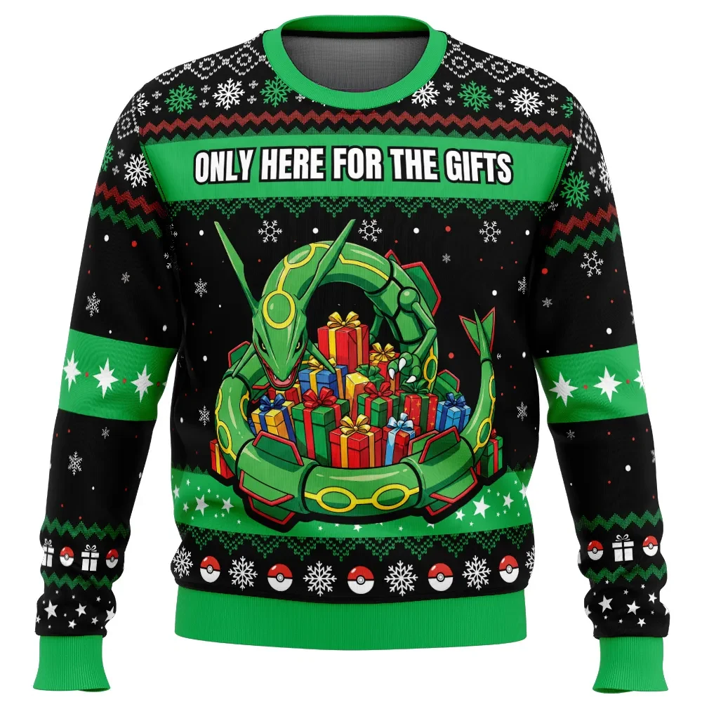 Rayquaza Only Here for the Gifts Pokemon Ugly Christmas Sweater, Pokemon Anime Holiday Sweater, Unisex Xmas Jumper