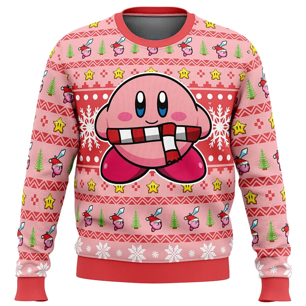 Christmas Kirby Ugly Christmas Sweater, Kirby Gamer Holiday Sweater, Striped Scarf Pink Unisex Sweatshirt, Gaming Xmas Gift for Nintendo Fans