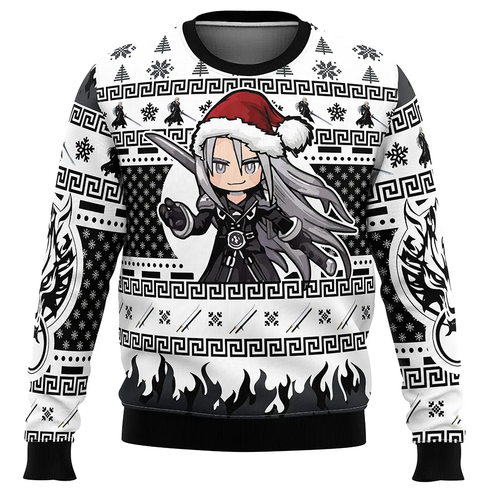Chibi Sephiroth Final Fantasy VII Ugly Christmas Sweater, Santa Hat FF7 Gamer Holiday Sweater, JRPG Video Game Xmas Gift for Fans