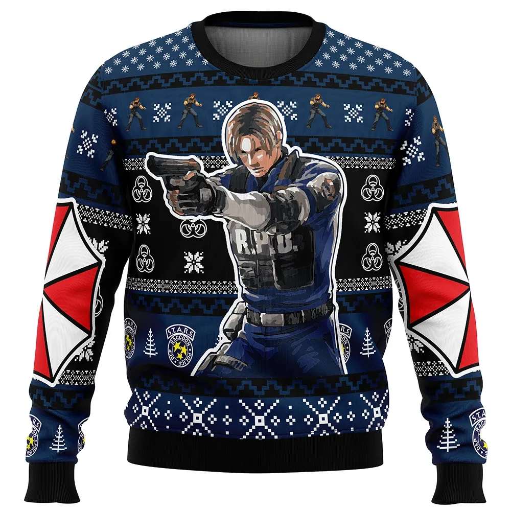 Leon Kennedy Resident Evil Ugly Christmas Sweater, RPD Umbrella Logo Gamer Holiday Sweater, Survival Horror Video Game Xmas Gift for Fans