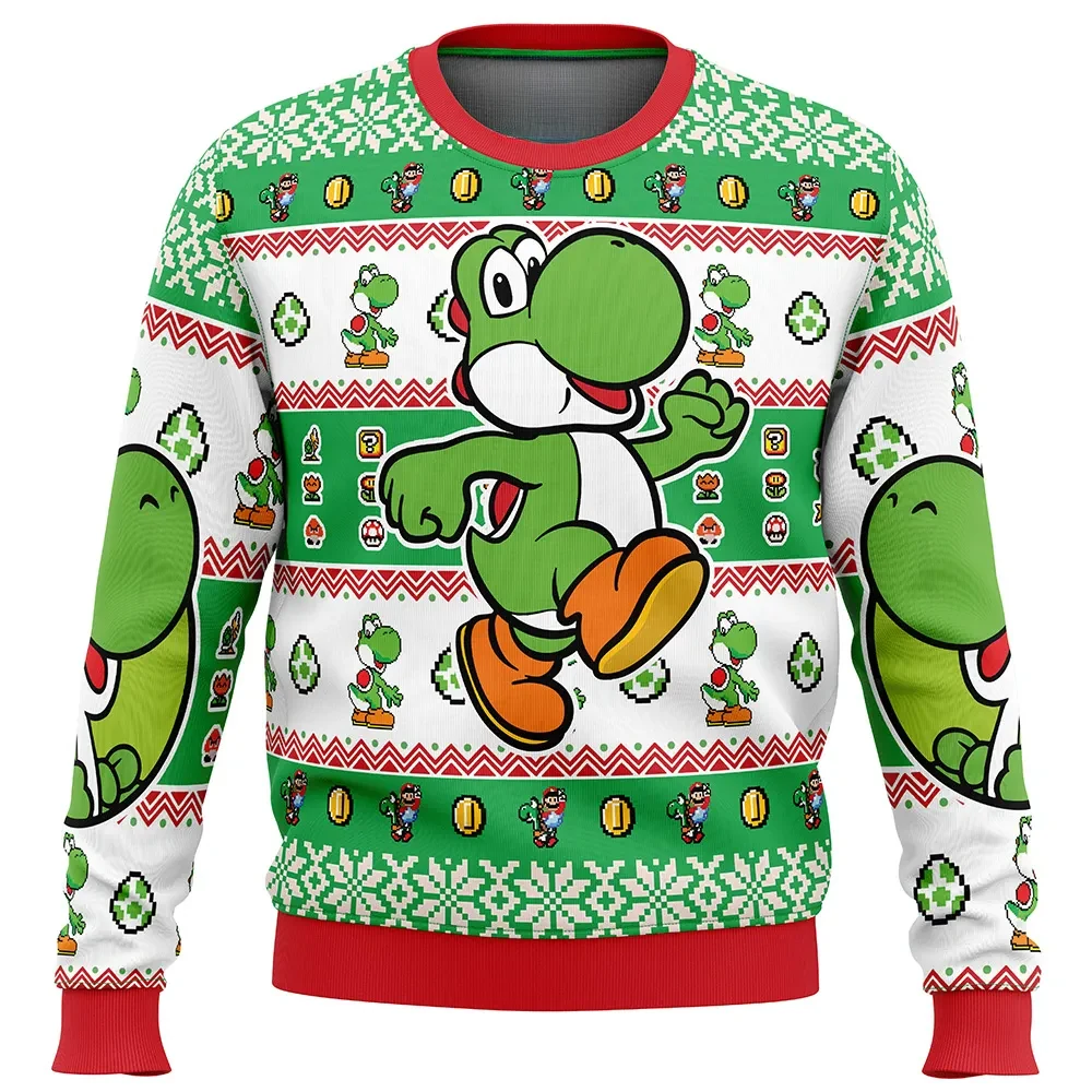 Christmas Yoshi Super Mario Bros Ugly Christmas Sweater, Nintendo Gamer Holiday Sweater, Green Dinosaur Yoshi Egg Pullover, Xmas Gift for Gamers