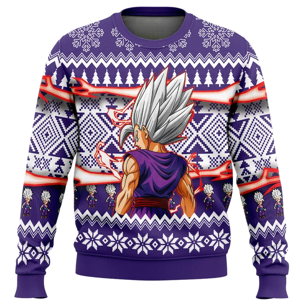 Gohan Dragon Ball Z Ugly Christmas Sweater, Beast Gohan Anime Holiday Sweater, Purple Nordic Pullover with Kanji Back, DBZ Xmas Gift for Fans
