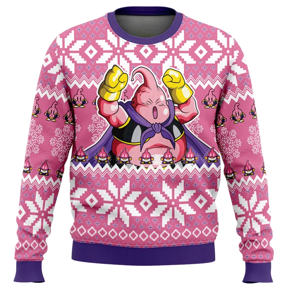 Majin Buu Dragon Ball Z Ugly Christmas Sweater, Kid Buu DBZ Holiday Sweater, Pink Anime Xmas Gift, Unisex All Over Print Sweatshirt