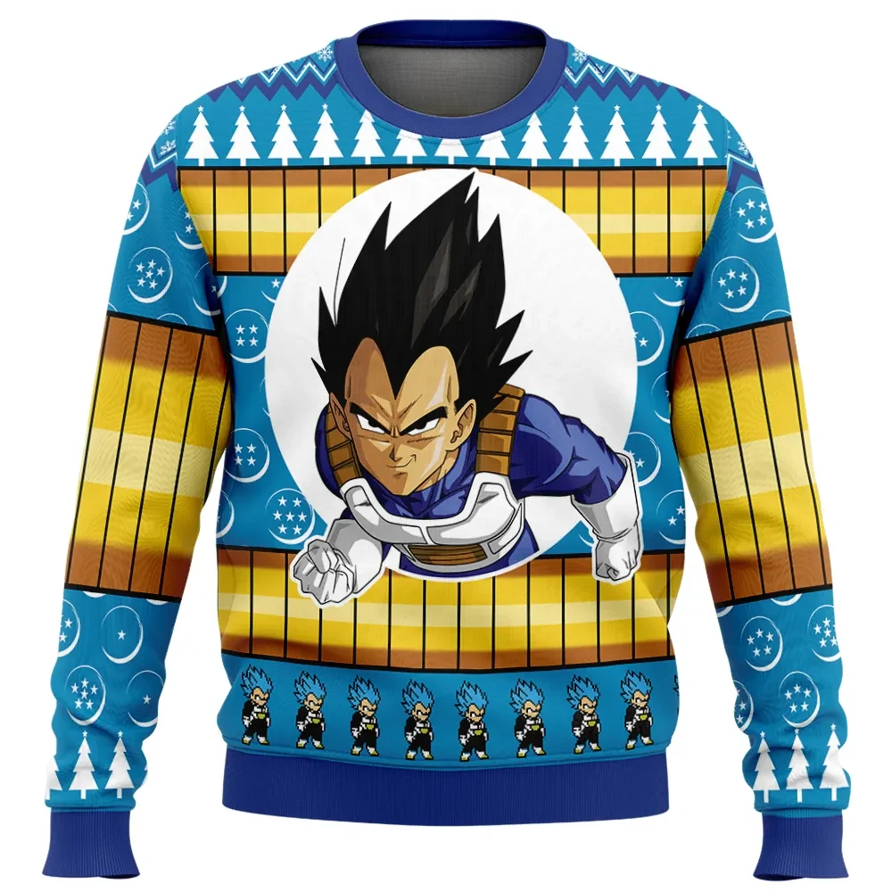Vegeta Dragon Ball Z Ugly Christmas Sweater, Saiyan Prince Royal Crest DBZ Anime Holiday Sweatshirt, Blue and Yellow Xmas Gift for Fans
