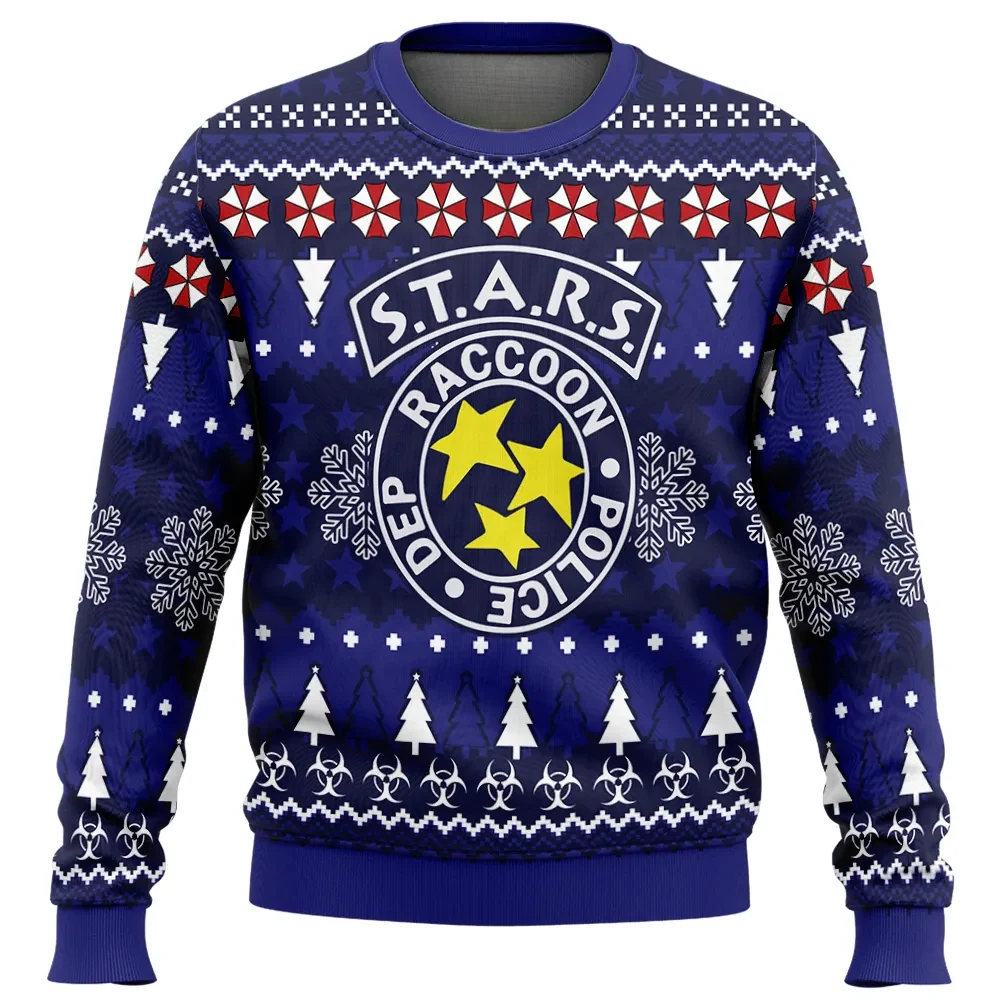 Christmas STARS Resident Evil Ugly Christmas Sweater, Raccoon Police Badge Gamer Holiday Sweater, Umbrella Survival Horror Xmas Gift for Fans