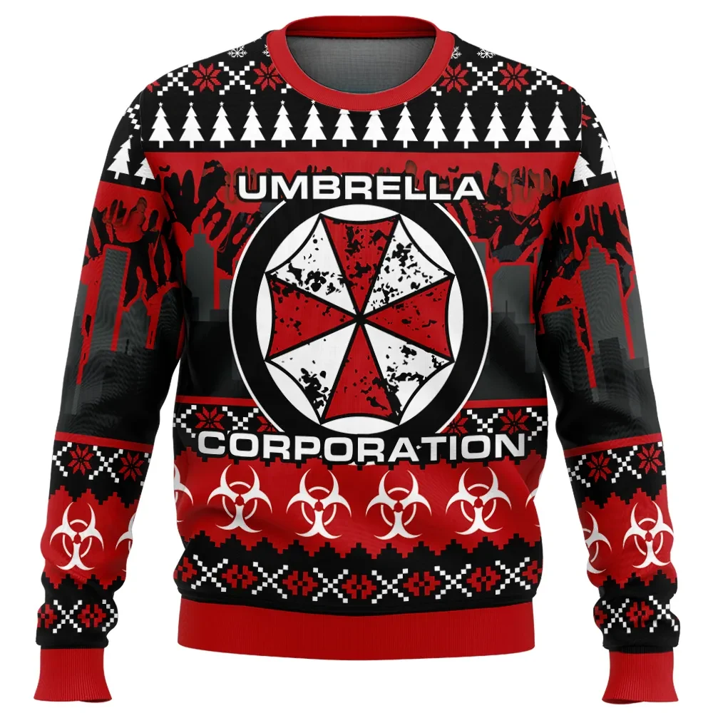 Umbrella Corp Resident Evil Ugly Christmas Sweater, Biohazard Logo Gamer Holiday Sweatshirt, Red and Black Survival Horror Xmas Gift