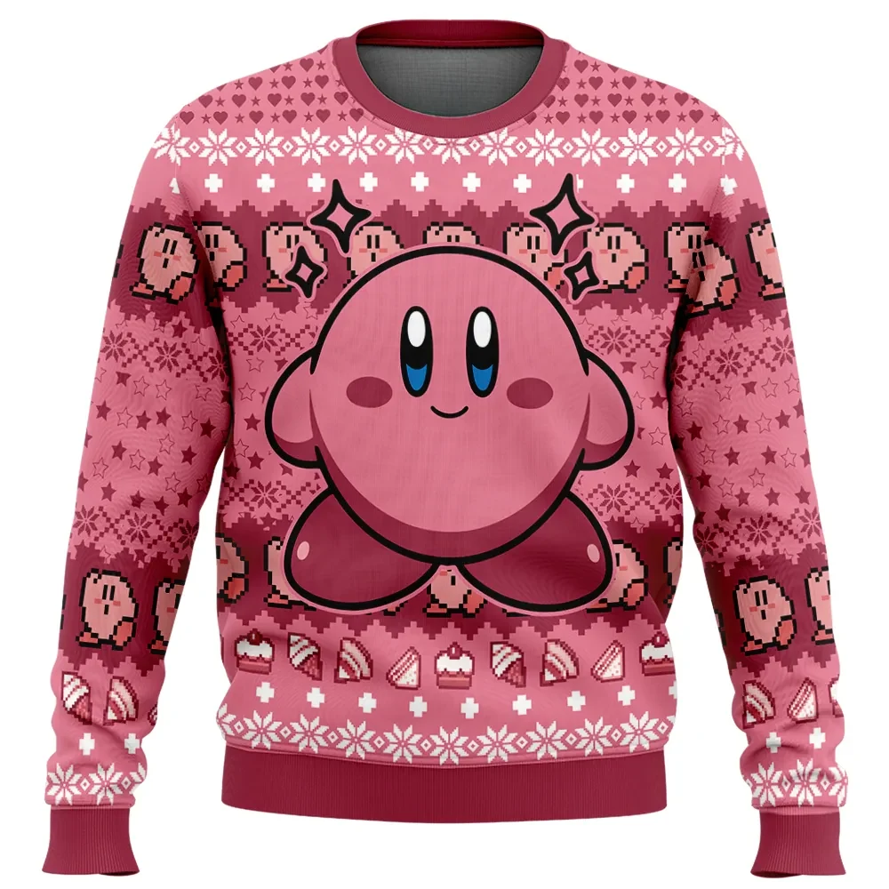 Christmas Kirby Ugly Christmas Sweater, Pink Puffball Gamer Holiday Sweatshirt, Cute Nintendo Xmas Gift for Dream Land Fans and Kids at Heart