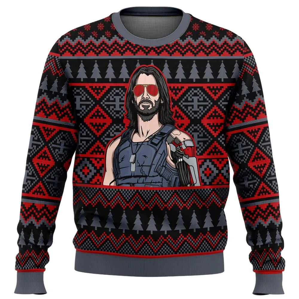 Johnny Silverhand Cyberpunk 2077 Ugly Christmas Sweater, Samurai Logo Gamer Holiday Sweater, Night City RPG Xmas Gift, Unisex Sweatshirt