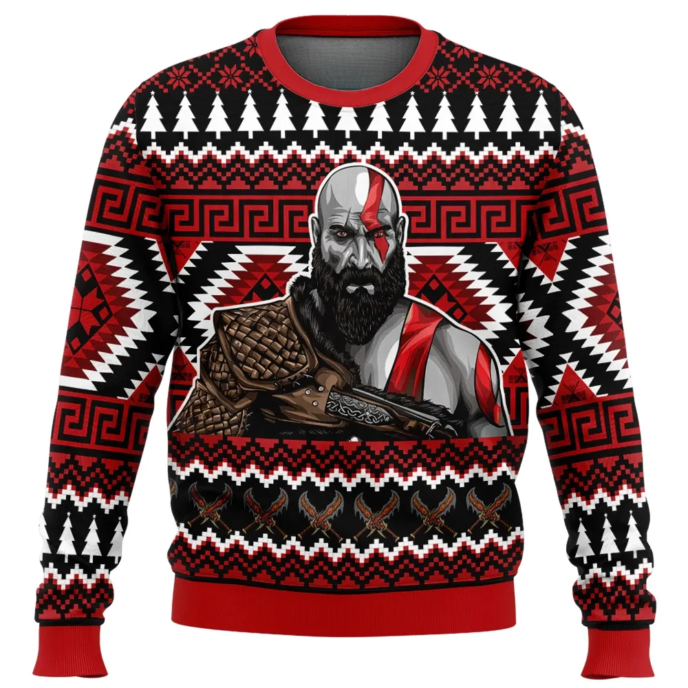 Christmas Kratos God of War Ugly Christmas Sweater, Spartan Greek Key Gamer Holiday Sweatshirt, Red and Black Xmas Gift for PlayStation Fans