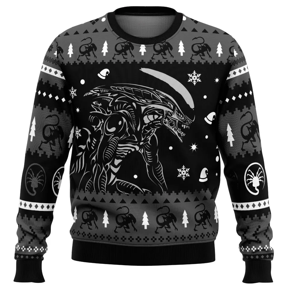 Xenomorph V2 Alien Ugly Christmas Sweater, Alien Movie Holiday Sweater, Black and Grey Facehugger Sweatshirt, Horror Xmas Gift