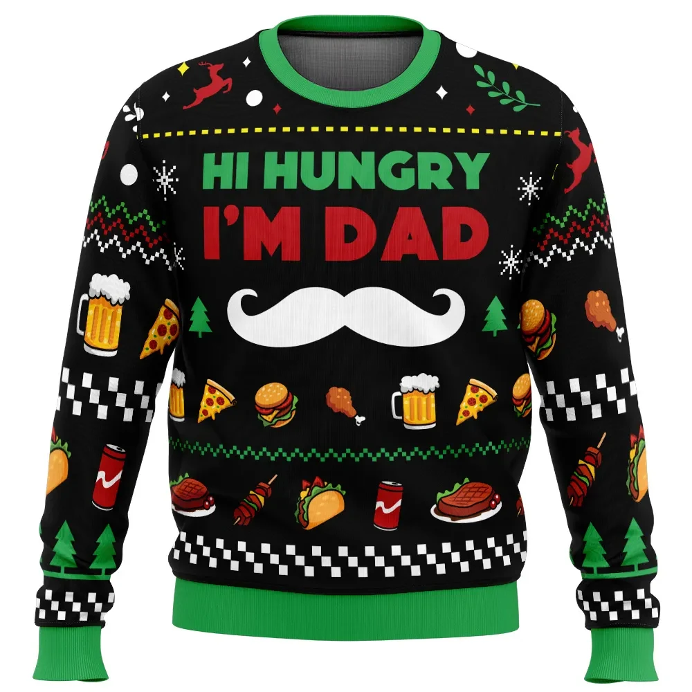 Hi Hungry I'm Dad Ugly Christmas Sweater, Funny Dad Joke Mustache Holiday Sweatshirt, Pizza and Beer Xmas Gift for Father or Grandpa