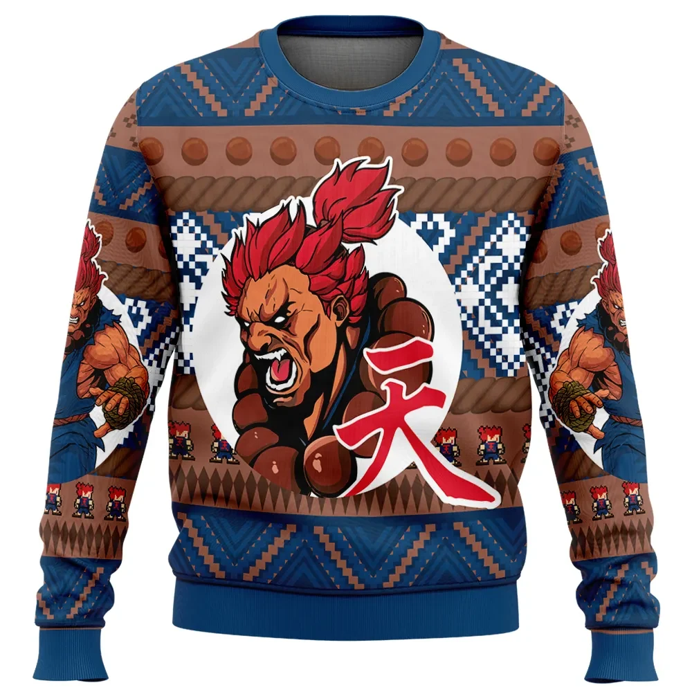 Christmas Akuma Street Fighter Ugly Christmas Sweater, Heaven Kanji Fighting Game Holiday Sweatshirt, Blue and Brown Retro Gamer Xmas Gift